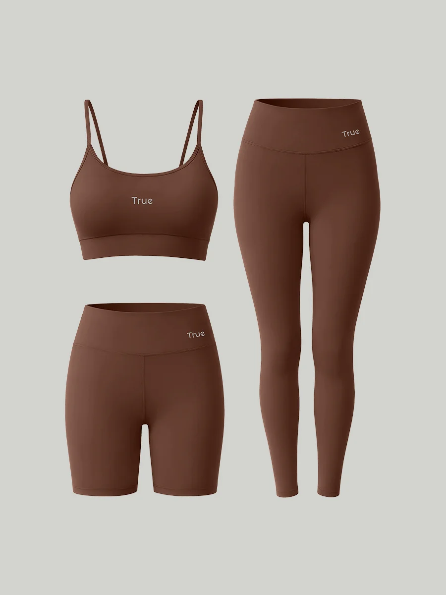 Kit Conjunto Fitness Feminino Legging + Short + Top Alça Fina Power Tech - Marrom