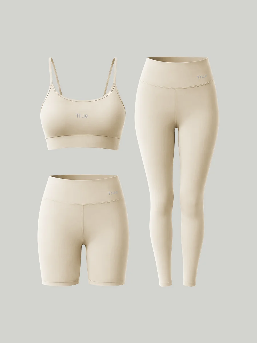 Kit Conjunto Fitness Feminino Legging + Short + Top Alça Fina Power Tech - Bege