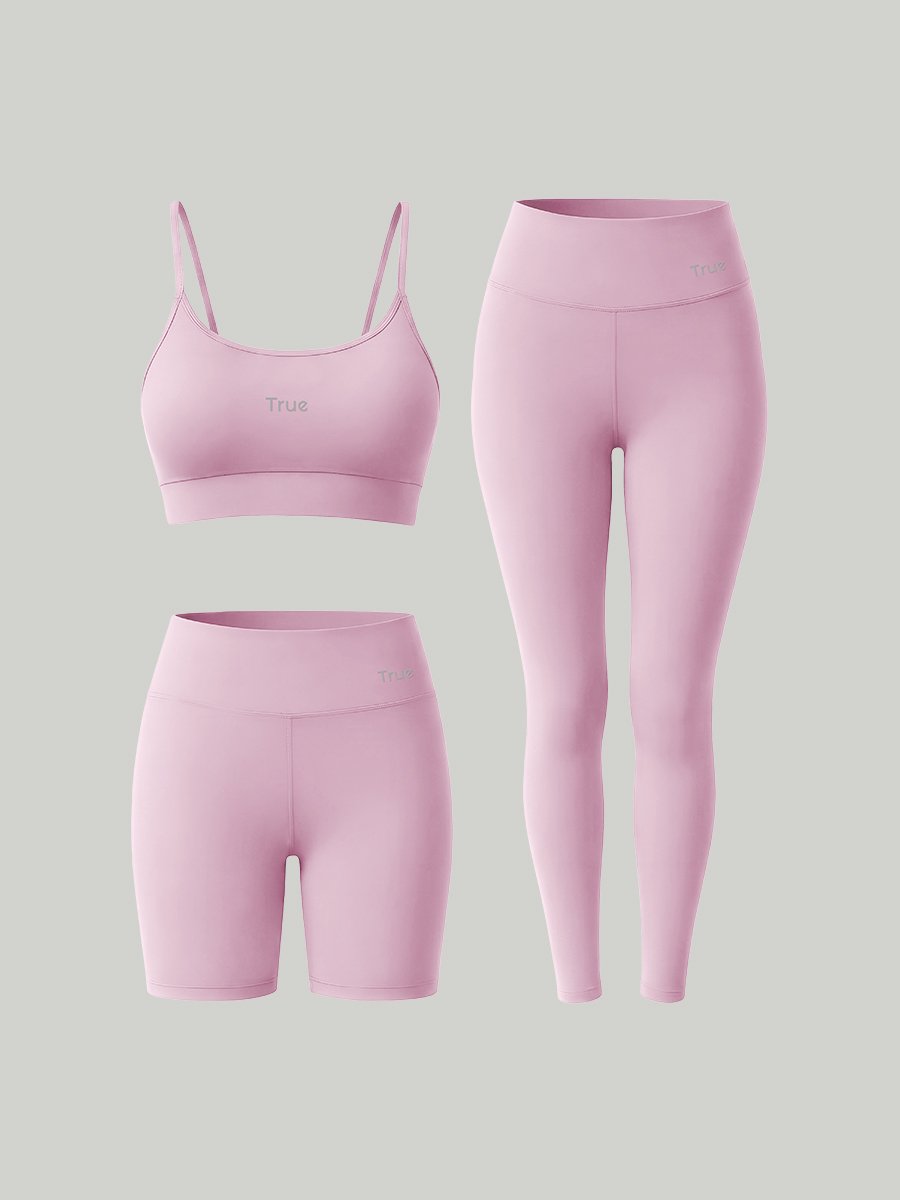 Kit Conjunto Fitness Feminino Legging + Short + Top Alça Fina Power Tech - Rosa Claro