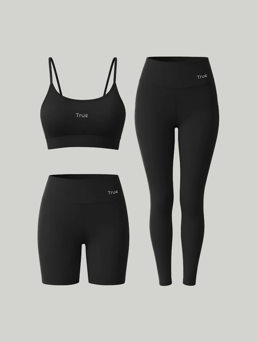 Kit Conjunto Fitness Feminino Legging + Short + Top Alça Fina Power Tech - Preto