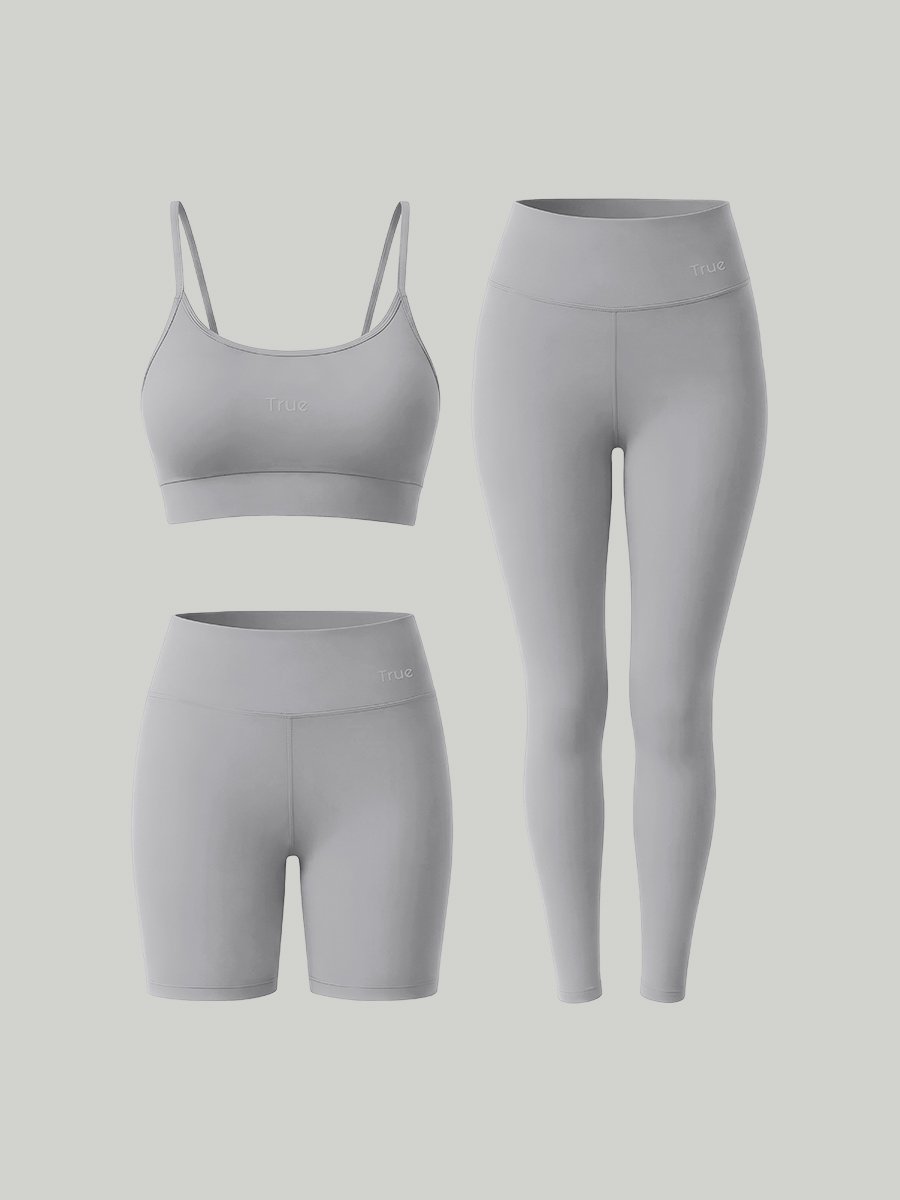 Kit Conjunto Fitness Feminino Legging + Short + Top Alça Fina Power Tech - Cinza