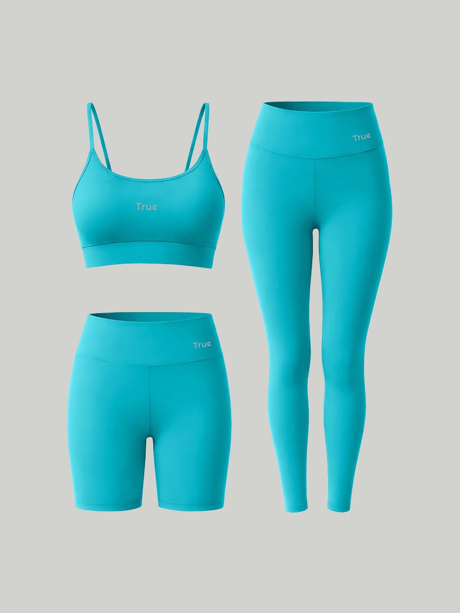 Kit Conjunto Fitness Feminino Legging + Short + Top Alça Fina Power Tech - Azul Ciano