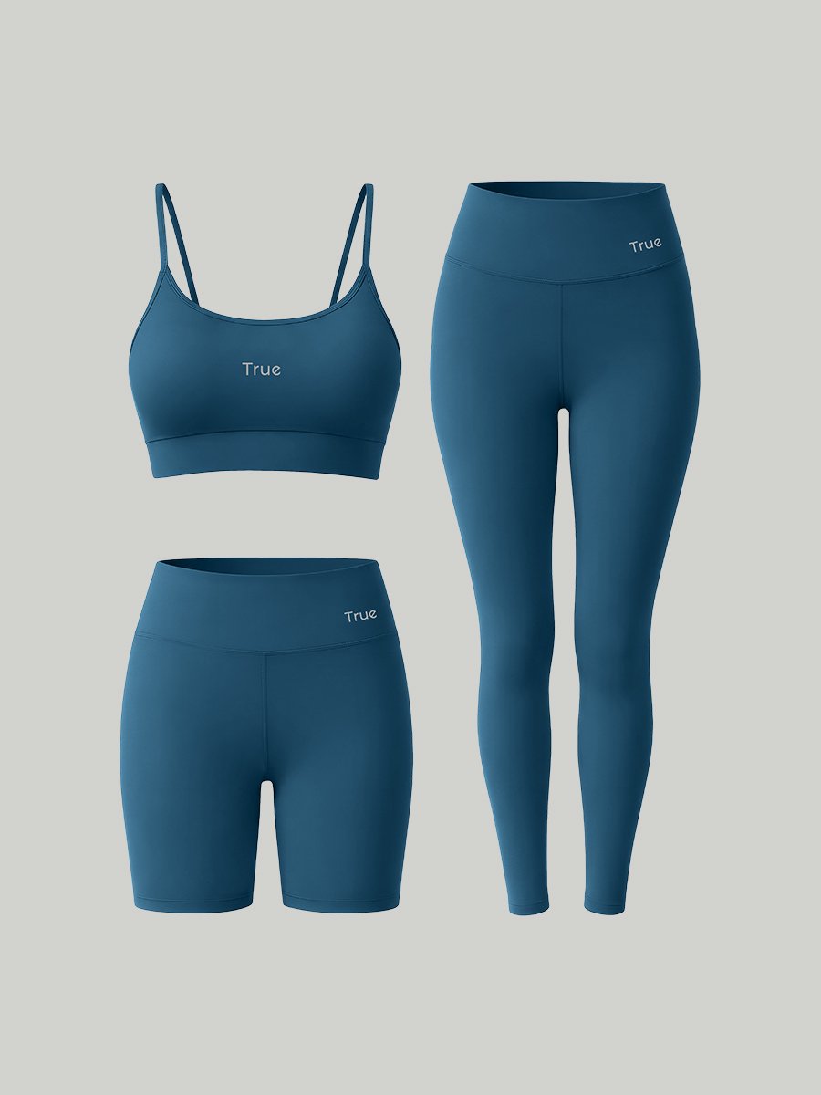 Kit Conjunto Fitness Feminino Legging + Short + Top Alça Fina Power Tech - Azul Profundo