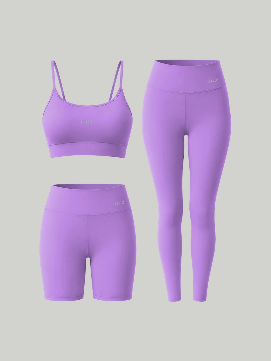 Kit Conjunto Fitness Feminino Legging + Short + Top Alça Fina Power Tech - Roxo