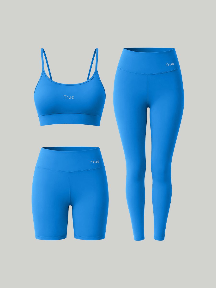 Kit Conjunto Fitness Feminino Legging + Short + Top Alça Fina Power Tech - Azul Royal 